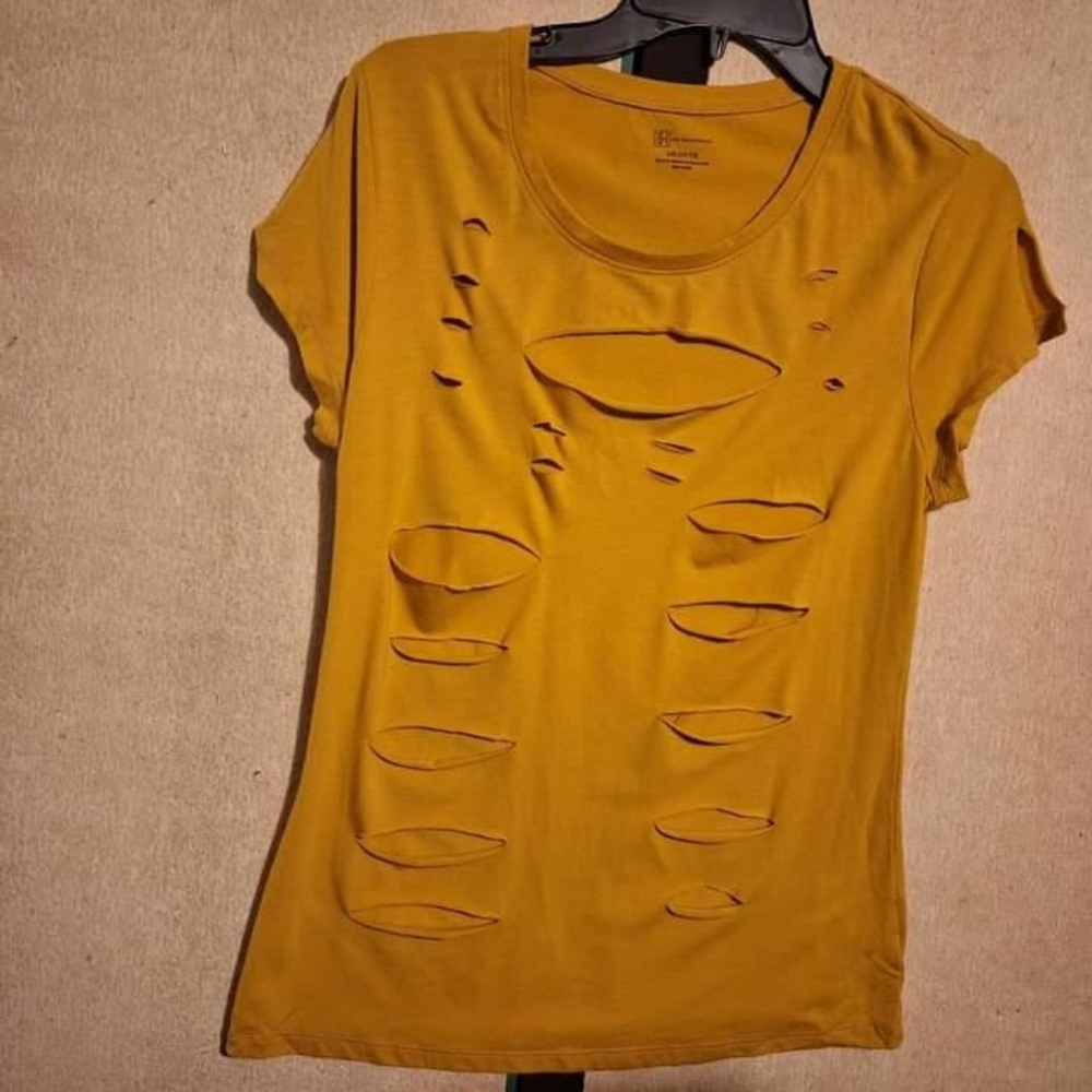 'No Boundaries' fitted scoop neck, "ripped-for-you" yellow t-shirt.